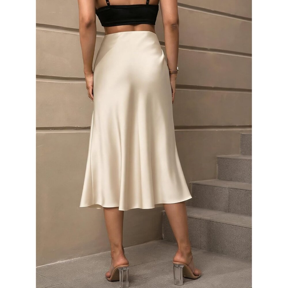Women's Beige Satin Elegant Fishtail Silk A Line Casual luxurious Midi Skirt - Picture 2 of 6
